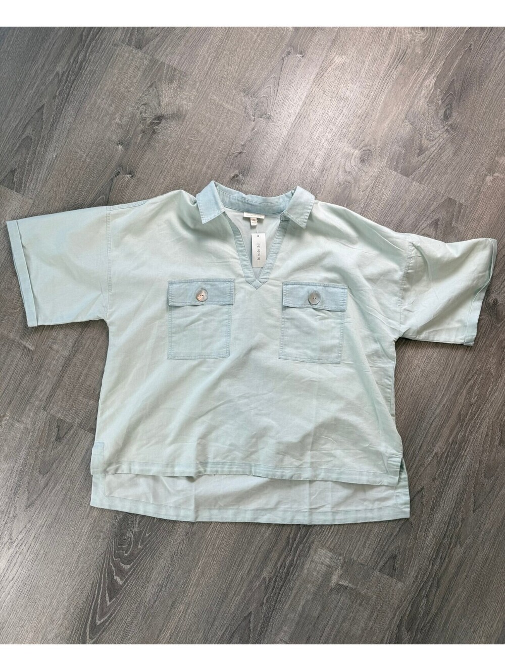 Loralette Women's 2X Light Blue Short Sleeve Cotton Shirt with Front Pockets